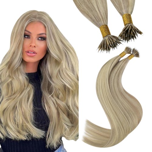 YoungSee Nano Hair Extensions Human Hair Blonde Highlight,Nano Tip Extensions Dark Blonde Highlight with Ash Blonde Nano Bead Hair Extensions Real Human Hair Pre Bonded Human Hair Extensions 20in 50g