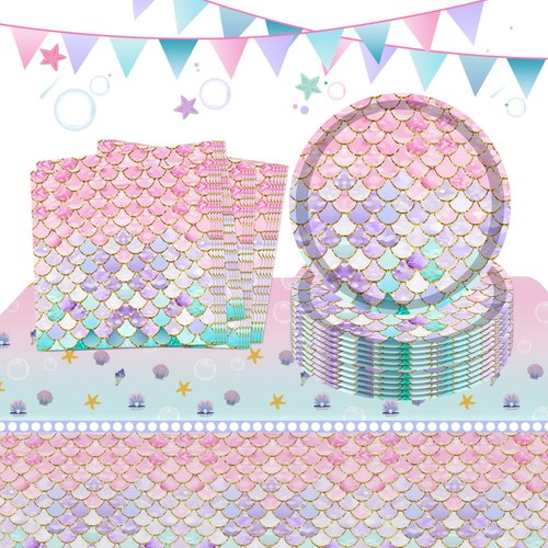 37pcs Birthday Party Tableware Set Disposable Mermaid Party Supplies Include 1 Tablecloth 16 Plates 20 Napkins Birthday Party Table Decorations for Girls Kids