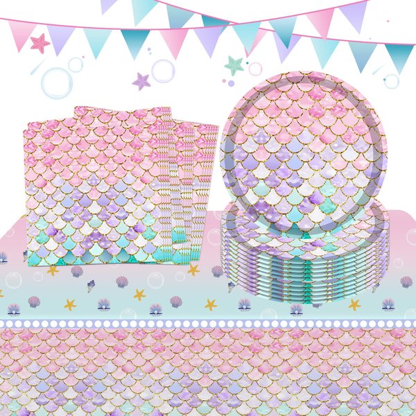 37pcs Birthday Party Tableware Set Disposable Mermaid Party Supplies Include 1 Tablecloth 16 Plates 20 Napkins Birthday Party Table Decorations for Girls Kids