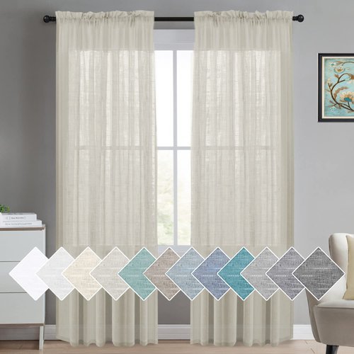 Turquoize White Linen Sheer Curtains Natural Linen Semi Sheer Curtains White 96 Inches Long Light Filtering Burlap Curtains 2 Panels Rod Pocket Window Treatments Drapes, Privacy Assured, Natural