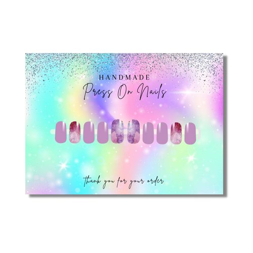 Handmade Press On Nails Display Card | 5x7” 30 pk Empty Packaging w/Application Aftercare Instructions Inserts Holographic Bags w/Double Sided Tape