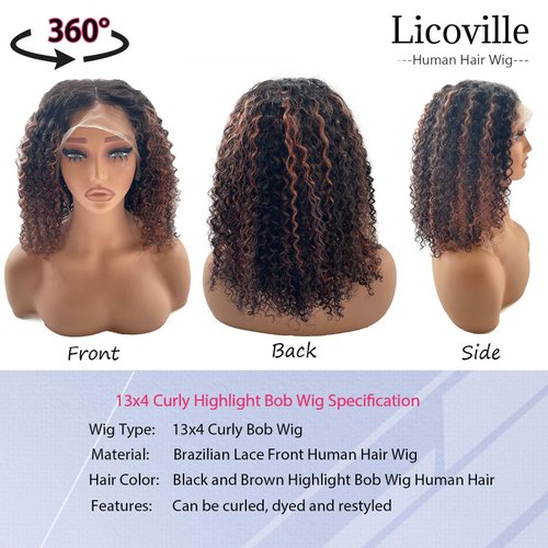 Curly Bob Wig Human Hair Pre Plucked Highlight Brown Curly Bob 13x4 HD Lace Frontal Wigs Free Part Glueless Deep Wave Highlight Wigs Black and Brown Ombre Curly Human Hair Bob Wigs for Black Women