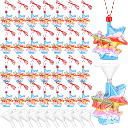 Yinkin 30 Pcs Star Sand Art Bottle Necklaces Christmas Sand Art Craft Kit for Kids Craft Party Supplies DIY Art Activity Group Included 10 Pcs Small Clear Plastic Mini Funnels, Sand Not Included