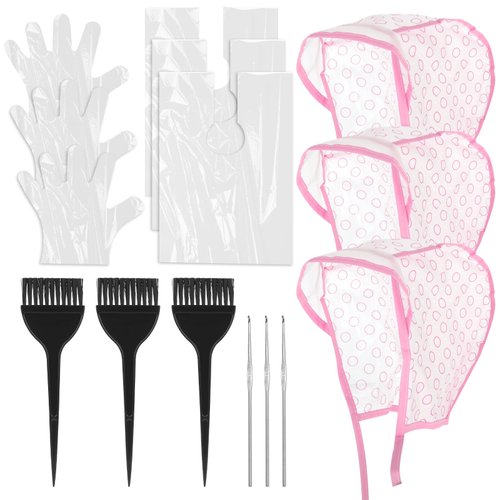 Bewudy 3 Sets Hair Highlighting Caps Kit for Salon Hair Dyeing Hairdressing and DIY Dyeing Hair with Highlight Caps for Hair, Hair Highlighting Crochet Hooks, Dye Brushes, Gloves, Hair Dye Shawl(Pink)