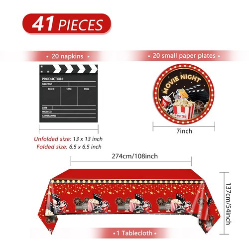 Movie Night Decorations MovieTheme Birthday Paper Plates and Napkins Set Movie Theme Table Covers Movie Night Party Disposable Party Dinnerwares for Movie Theme Party Supplies