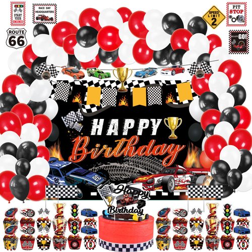 Mpanwen Race Car Birthday Party Supplies, 142 Pcs Racecar Racing Party Decorations for Boys Baby - Backdrop, Banner, Cake, and Cupcake Toppers, Balloons, Cupcakes Wrappers, Party Traffic Signs, Flags