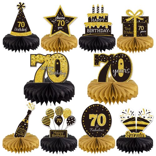 Gexolenu 10 Pcs 70th Birthday Honeycomb Centerpieces Gold Black Cheers to 70 Years Birthday Centerpieces Tables Toppers for 70th Birthday Decorations 70 Fabulous Birthday Party Decorations Supply