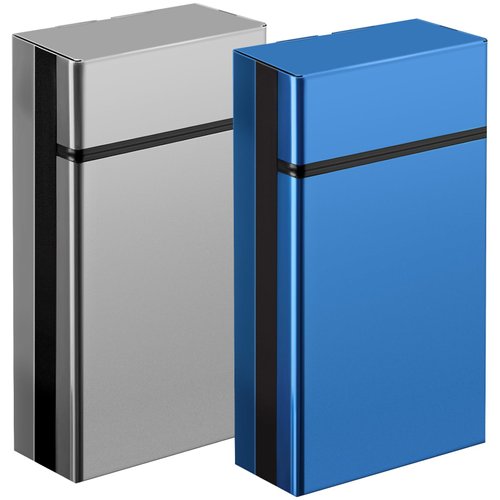 roygra Cigarette Case 20 Capacity, Aluminum Automatic Slider - 2 Pack (Blue + Gray, 100mm 100S)