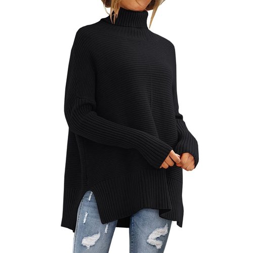EFAN Oversized Turtleneck Black Sweaters for Women Clothes Trendy Rib Pullover Sweater Dress Long Tunic Sweaters Knit Tops