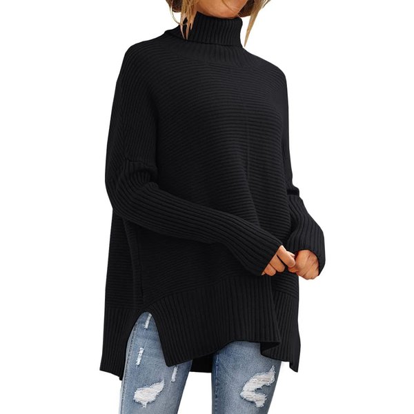 EFAN Oversized Turtleneck Black Sweaters for Women Clothes Trendy Rib Pullover Sweater Dress Long Tunic Sweaters Knit Tops