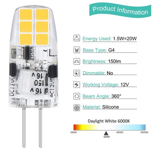 Amazing power G4 LED Bulb, G4 Light Bulb Type Bi Pin Base Bulb AC/DC 12V 20W Equivalent G4 Halogen Bulbs for Under Cabinet Range Hood Lighting Daylight White 6000K 5-Pack