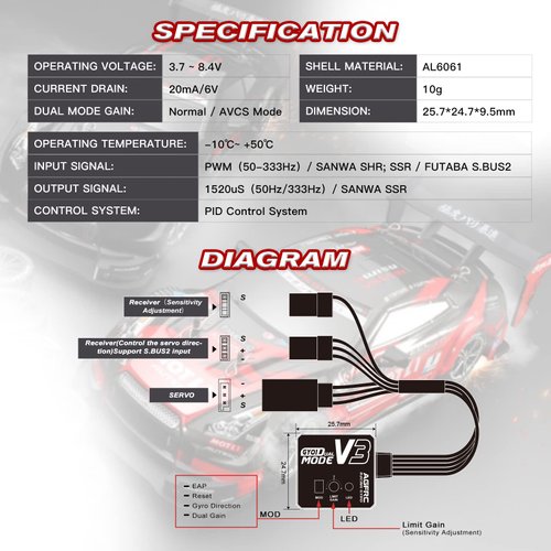 AGFRC Dual-Gain Drift RC Gyro - Tuned Rated Gyros with Aluminum Case for RC Car Boat (GY01 V3)