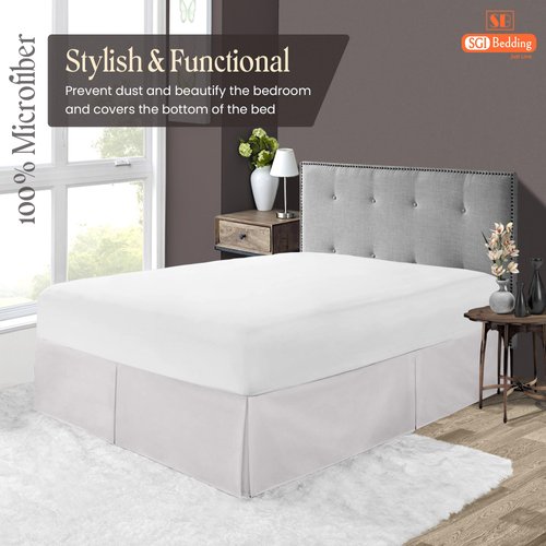12 Inch Drop Bed Skirt King Size with Platform to Stay in Place Elegant Pleated Design with Split Corners Wrinkle Resistant Fabric for Modern and Stylish Look - Light Grey