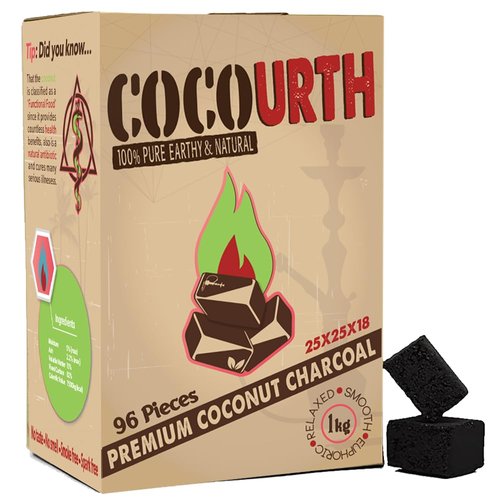 CocoUrth Natural Hookah Coconut Shell Charcoal Flat 25x25x18mm Electric Burner Briquettes Used Also for Cooking, Grilling, Barbecuing, Incense Narguile Coal (1kg)