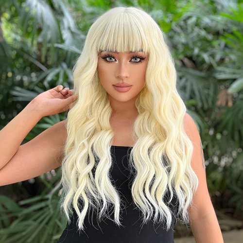 AISI BEAUTY Light Blonde Wig with Bangs Long Wavy Synthetic Hair Wigs for Women 24 Inch Blonde Wigs for Halloween Cosplay Party