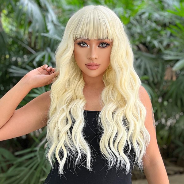 AISI BEAUTY Light Blonde Wig with Bangs Long Wavy Synthetic Hair Wigs for Women 24 Inch Blonde Wigs for Halloween Cosplay Party