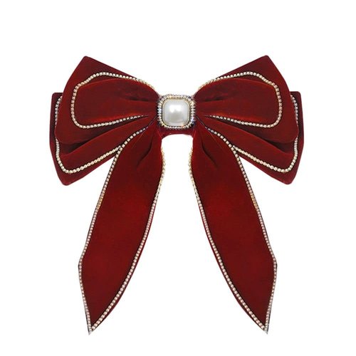 Rhinestone Pearl Hair Barrette Clip Red Vintage Velvet Hair Bowknot with Long Tail Strong Hold Solid Color Hair Bow Clip(red)