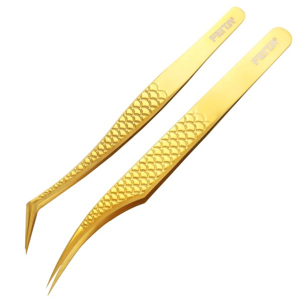 FEITA Diamond Grip Eyelash Extensions Tweezer Lash Precision Tweezers, Japanese Steel Dolphin-shaped & Angled Tip, False Lashes Application Tools, Gold 2Pcs