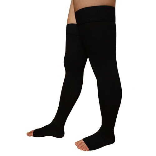Runee Thigh High Open Toe Compression Stockings, Best for Varicose Vein, DVT (Black, L/XL)