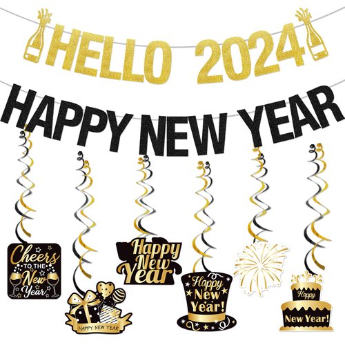 Black And Gold Hello 2024 Happy New Year Banner New Years Eve Party Supplies 2024 Happy New Year Decorations 2024 Happy New Years Eve Party Decorations