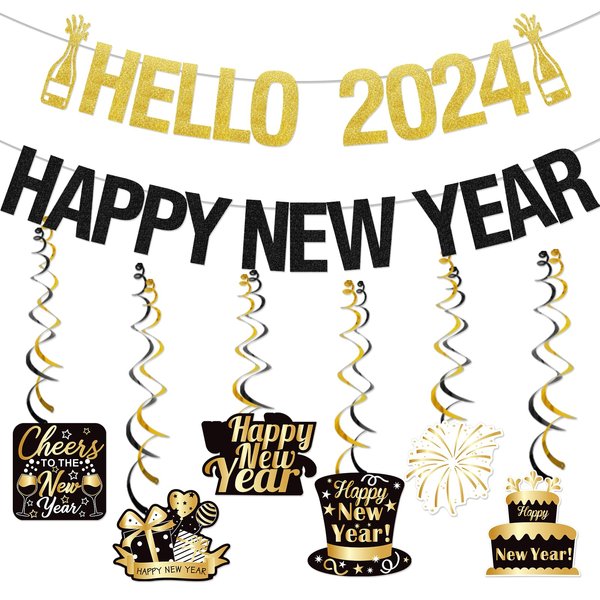Black And Gold Hello 2024 Happy New Year Banner New Years Eve Party Supplies 2024 Happy New Year Decorations 2024 Happy New Years Eve Party Decorations