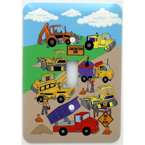 Construction Metal Light Switch Plates Covers/Single Toggle/Construction Trucks Theme with Bulldozers, Tractors, Cement Truck, Steam roller, Crane, and Dump Truck