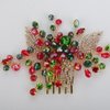 Teyglen Bride Crystal Rhinestone Wedding Hair Comb Green and Red Crystal Hair Piece Gold Leaf Crystal Hair Side Comb Christmas Wedding Headpiece Hair Accessories for Women Girls (Red)