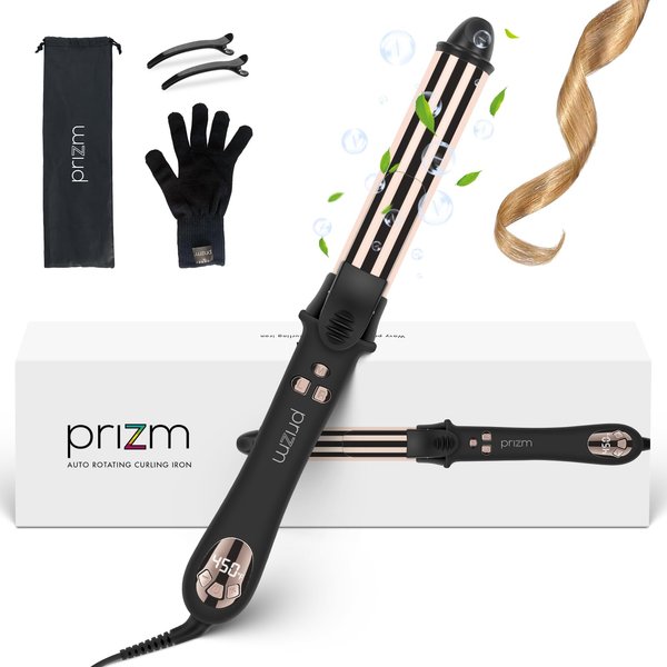 Prizm Professional Automatic Curling Iron 1.25 inch Rotating Curling Iron Loose Bouncy Wave Nano Titanium Self Curling Wand Negative Ionic 11 Temp Max 450°F Travel Dual Voltage Anti frizz