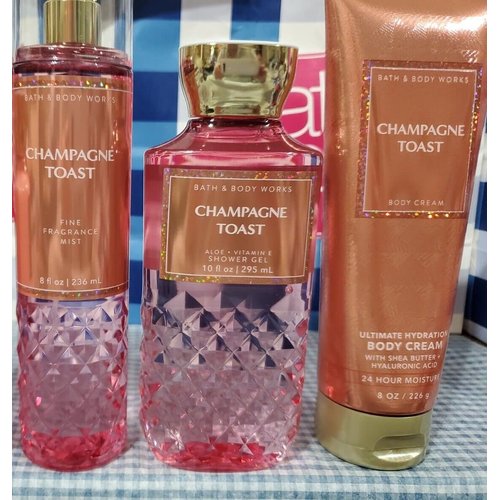 Champagne Toast Gift Set of 4 Bundle lot Body Mist Cream Shower Gel + Sisal sponge full sizes