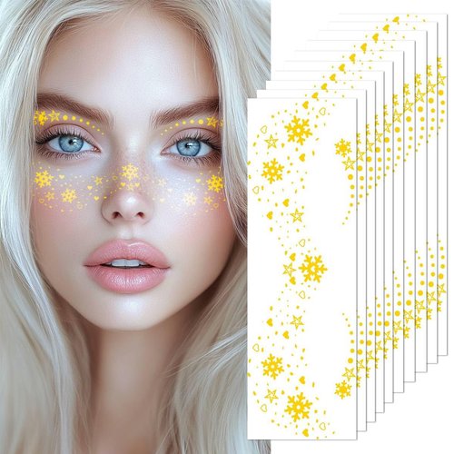 Gold Glitter Freckles Temporary Face Fake Tattoos For Women, Sparkle Waterproof Makeup Patches, Glow Up Faux Snowflake & Love Heart Speckles - 10 Count