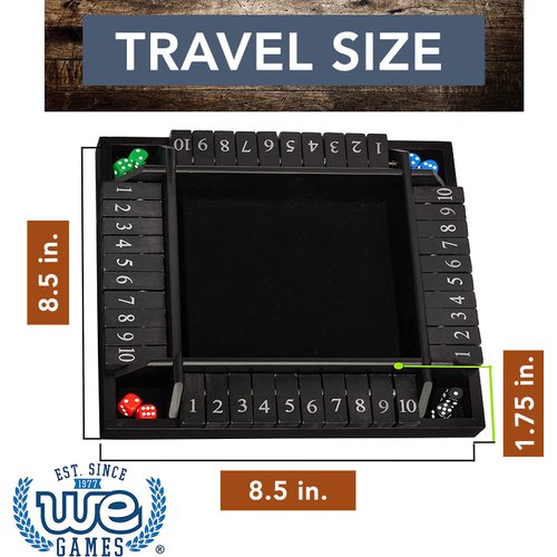 WE Games 8.5 inch 4-Player Shut The Box Wooden Board Game, Travel Size, Black Stained Wood
