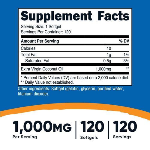 Nutricost Coconut Oil Softgels (1000mg) 120 Softgels - Extra Virgin Coconut Oil - Gluten Free and Non-GMO