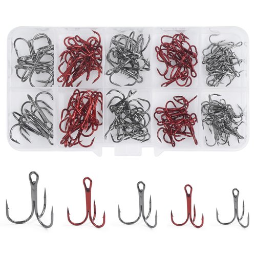 Fishing Treble Hooks Kit, 100pcs Red Treble Hooks Sharp Round Bend Classic Triple Fishing Hooks High Carbon Steel Barbed Treble Hooks for Fishing Lure Baits Saltwater Freshwater Size 4 6 8 10