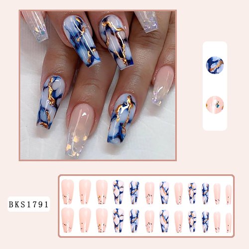 24Pcs Glossy Blue Press on Nails Square Medium Full Cover Artificial Fake Nails with Marble and Gold Line Designs Acrylic Coffin False Nails with Glue Stick on Nails for Women Girls