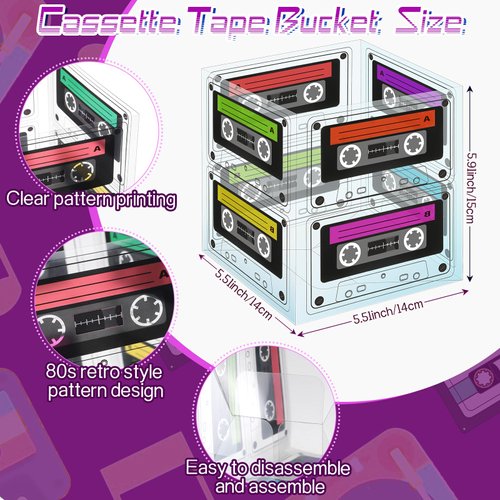 Jenaai 16 Pcs Cassette Tape Bucket Centerpiece Retro 80s Party Supplies 90s Party Decorations Foldable Cassette Hip Hop Party Decorations Tape Bucket Table Decor for Adults (5.91'')