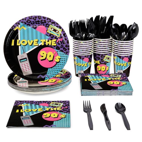 BLUE PANDA 144 Piece I Love the 90s Theme Party Decorations, Retro 1990s Birthday Plates, Napkins, Cups, Cutlery (Serves 24)
