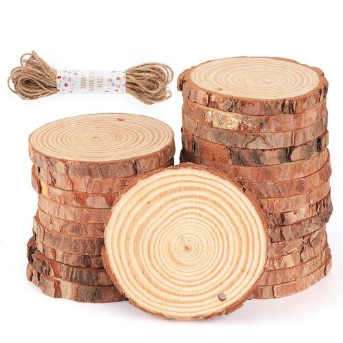 Natural Wood Slices 30Pcs 3.1''-3.5'' Unfinished Wood Crafts with Pre-drilled Hole, Wood Slices Ornaments for Christmas DIY Rustic Crafts Wooden Circles Coasters Wedding Decor, 33 Feet Twine