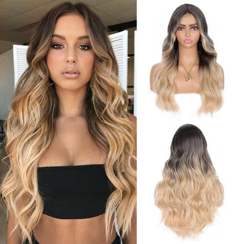 Youthfee 28” Blonde Ombre Human Hair Blended Lace Front Wigs For Black Women Long Curly Wave Middle Parted Wig
