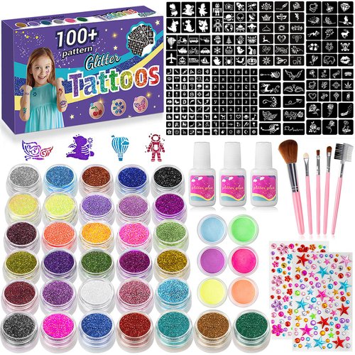 Temporary Glitter Tattoos Kids,32 Glitter Colors and 6 Fluorescent Colors,209 Stencils,2 diamond stickers,3 Glue,5 Brushes,Adults and Kids Arts Glitter Kit,Wonderful Holiday Gifts for Girls & Boys.