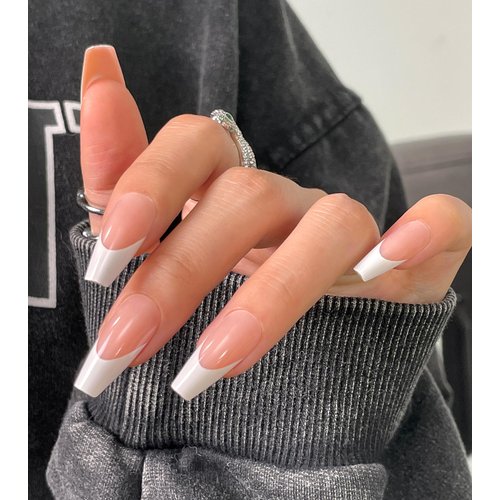 Morily Light Pink White French Tip Press on Nails, 30Pcs Long Coffin Thicker Fake Nails Reusable False Nails with Design, Glossy Acrylic Stick on Nails for Women, 15 Sizes, Include Glass File