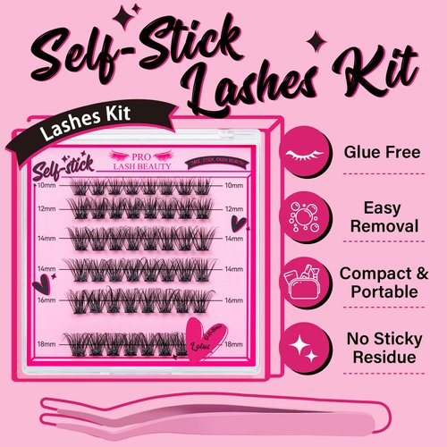 Self Adhesive Eyelashes 48Pcs Lash Clusters Self Stick Lashes Reusable Self-adhesive Lashes No Glue Cluster Lashes Easy for Use(Lotus,D-10-18mix)