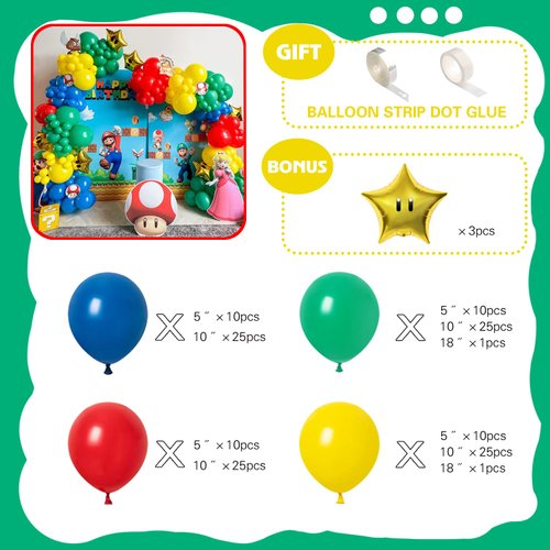 MOMO RUCCI 144Pcs Red Blue Yellow Green Balloon Arch Garland Kit,with Star Foil Balloon Double Stuffed Red Blue Balloons for Super Bro Carnival Themed Birthday Party Decorations Video Game Baby Shower