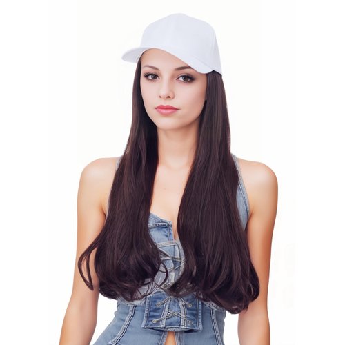 Rugelyss Hat Wig for Women Long Wavy Baseball Cap Wig with Curly Hair Extensions Synthetic Rednish Brown Wig Adjustable White Baseball Hat