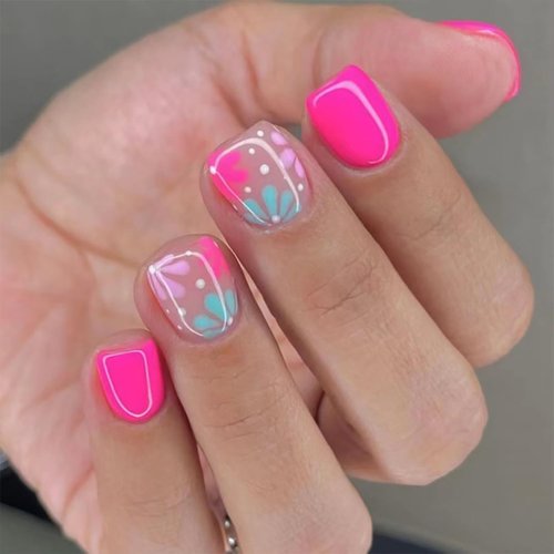 Flower Press on Nails Short Square Pink Fake Nails Blue Pink Summer Floral Stick on Nails for Women Nail Decoration Full Cover Glossy Acrylic Nails 24 Pcs