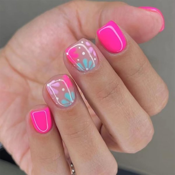 Flower Press on Nails Short Square Pink Fake Nails Blue Pink Summer Floral Stick on Nails for Women Nail Decoration Full Cover Glossy Acrylic Nails 24 Pcs