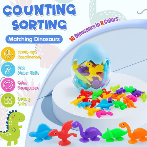 Baby Suction Cups, 16PCS Silicone Dinosaur Sucker Toys with Eggshell Storage, Sensory Bath Toys for Kids Ages 4-8, Counting Learning Color Tool, Window Toy, Montessori Gift for Boys Girls Ages 3+