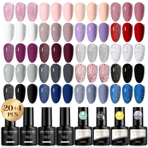 NAILWIND Gel Polish Set, 24PCS Gel Nail Polish with Base Coat Glossy Matte and Glitter Top Coat P...