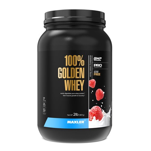 Maxler 100% Golden Whey Protein - 23g of Premium Whey Protein Powder per Serving - Pre, Post & Intra Workout - Fast-Absorbing Whey Hydrolysate, Isolate & Concentrate Blend - Strawberry Cream 2 lbs