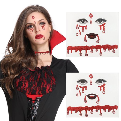 2 Packs Vampire Face Jewels Vampire Blood Costume Festival Face Gems Stick on Rhinestone Halloween Tattoo Stickers Pasties Self Adhesive Temporary Tattoos Fashion Jewelry for Party (Vampire)