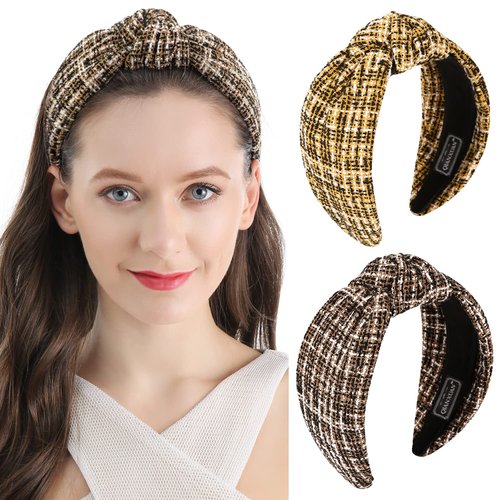 QIANXUAN Knotted Turban Headbands For Women Knit Hair Bands For Women's Hair Top Knot Headband Plaid Elegant Twill Hair Accessories Fashion Brown Hairband For Girls